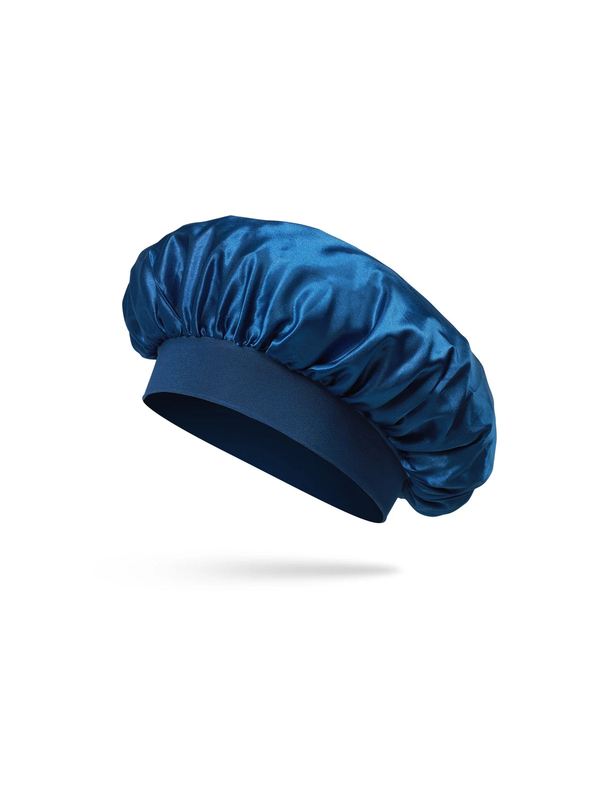 A deep blue satin sleep bonnet for a toddler, shown from the side.