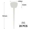 A white T-shaped plant marker with a flat top and long stem, shown next to its dimensions.