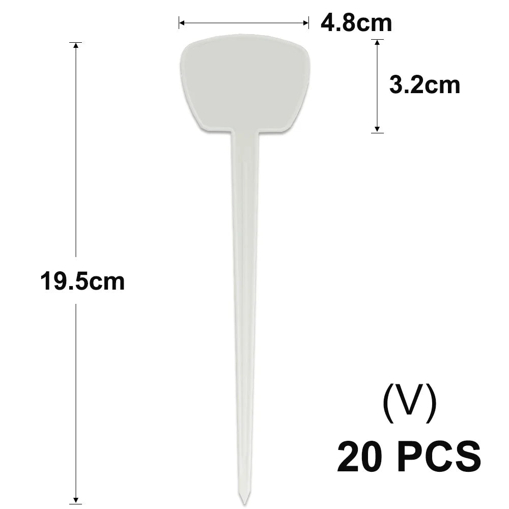 A white T-shaped plant marker with a flat top and long stem, shown next to its dimensions.