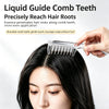 A hand holds a clear liquid guide comb teeth applicator near a woman's dark hair roots for scalp treatment.