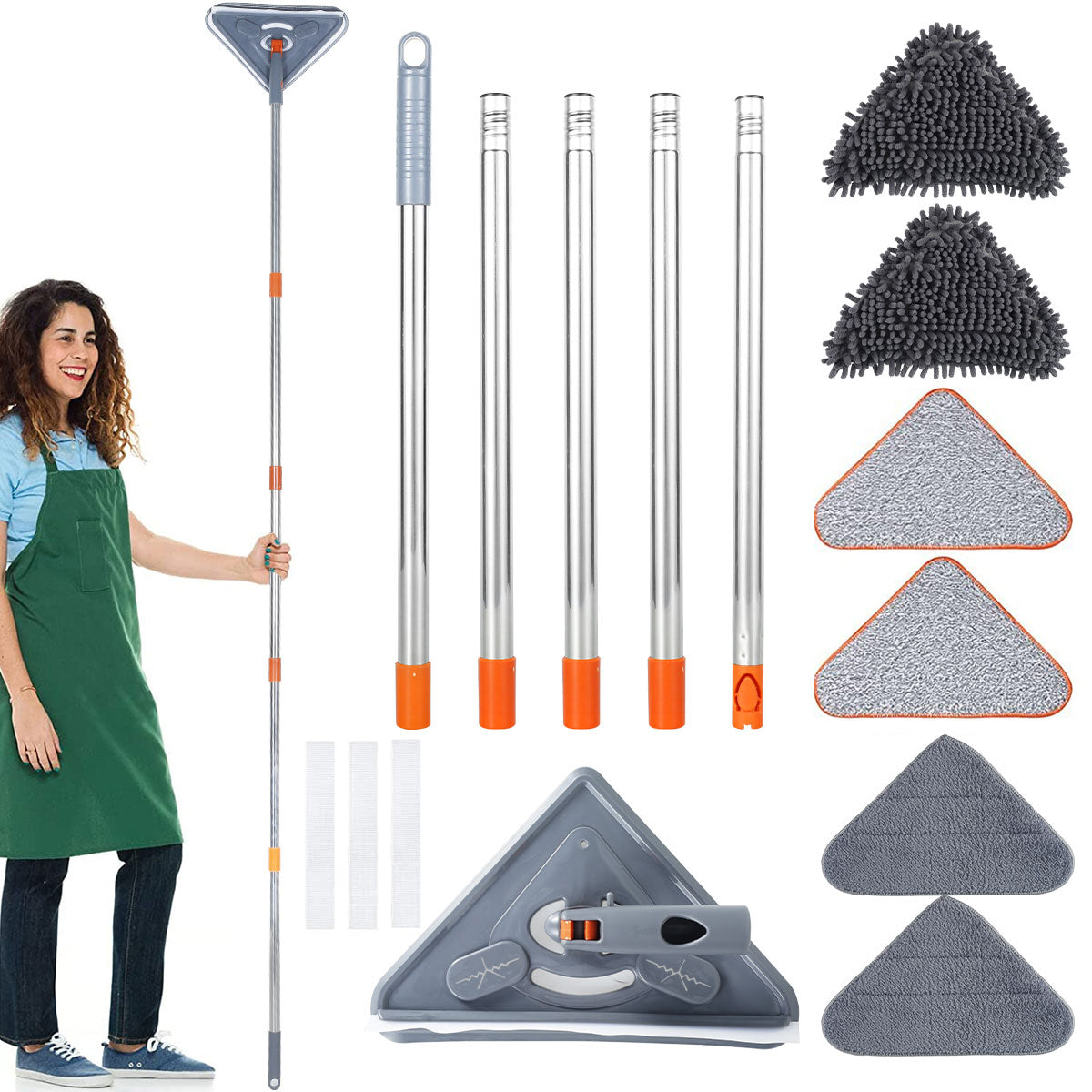 Un juego de trapeadores de pared giratorios de 360° con mangos extendidos y varias cabezas de limpieza, junto a una mujer.