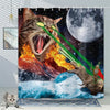 Cortina de ducha con tema divertido de dinosaurio gato surfista, con un gato rugiendo sobre una ola.