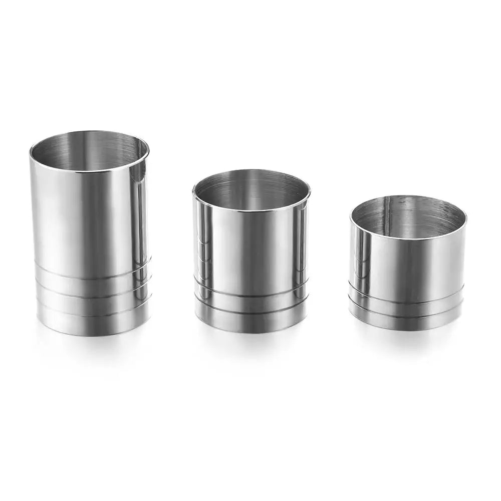 Three cylindrical stainless steel bar measures or jiggers displayed against a white background.