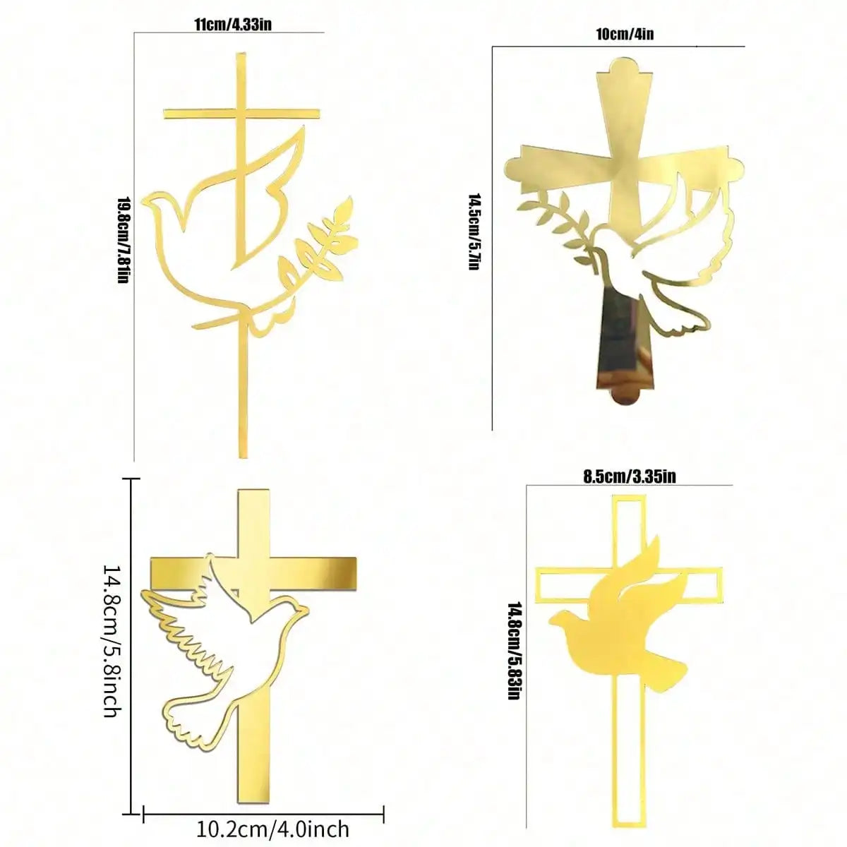 Gold acrylic cross cake toppers featuring a cross design and a dove motif.