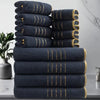 A stack of dark navy bath towels with gold stripes, showing various sizes and textures.