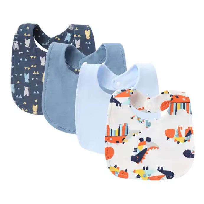 A pack of four soft cotton baby bibs featuring various cute animal prints in blue and yellow.