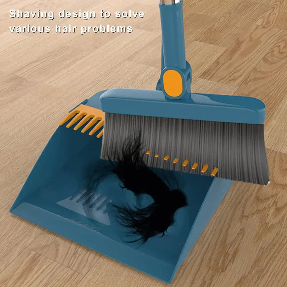 A blue ergonomic long handle broom and dustpan set with a bristled broom shown on a wooden floor.