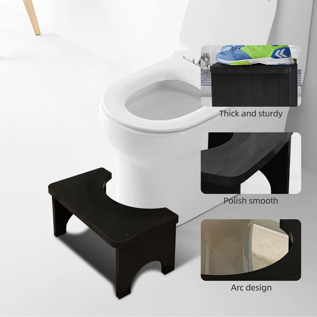 A black portable bamboo toilet squat stool with a smooth finish and arc design shown next to a white toilet.