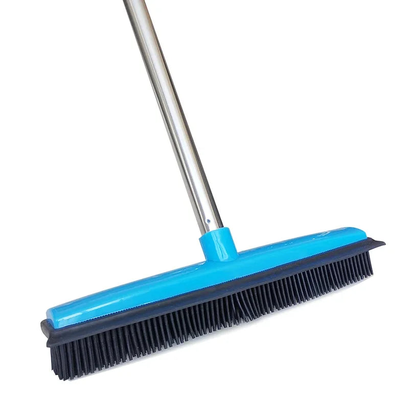 A telescopic blue rubber broom with black bristles for pet hair removal.