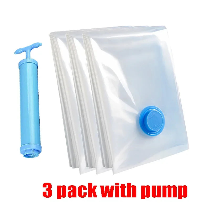 A pack of three vacuum storage bags with a blue hand pump for compressing items.