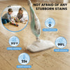 A handheld steam mop is shown with various features like deep cleaning, rapid heating, and stain removal.