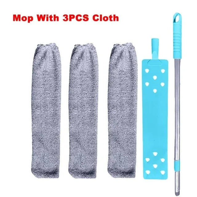 A set of mop with three cloth attachments and a telescopic handle for cleaning hard-to-reach areas.