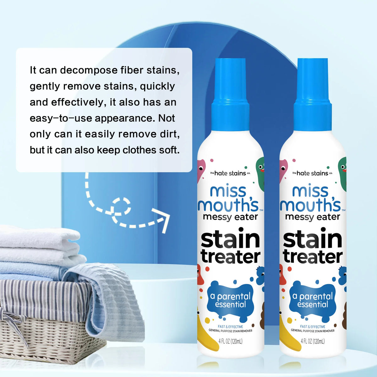 A bottle of Miss Mouth's stain treater fabric stain remover spray with a blue cap and white label