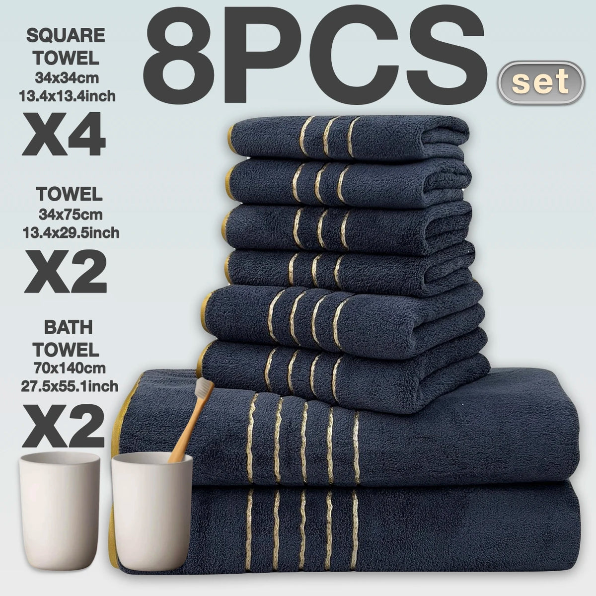 A set of eight dark blue bath towels, including square and standard sizes, stacked and displayed on a light gray background.