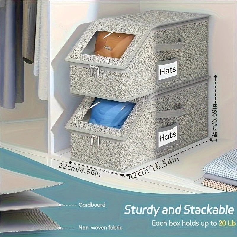 A gray, sturdy, stackable storage box designed for holding hats, made with non-woven fabric.