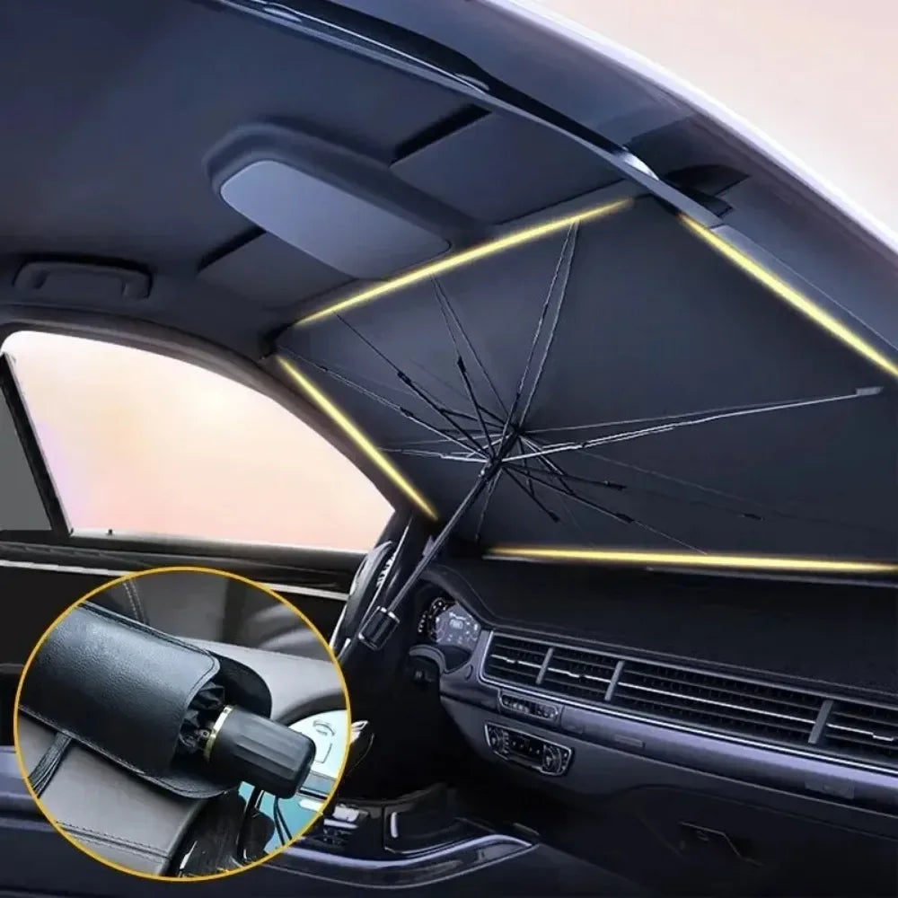 Interior view of a car showing a sunshade umbrella deployed on the windshield for protection