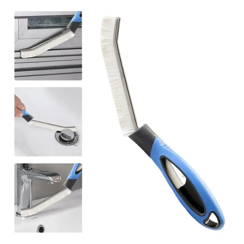 A hard bristle crevice cleaning brush with a non-slip handle shown in various angles.