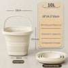 A white collapsible water bucket with a handle is shown in its deployed state and folded flat for storage.