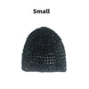 A small black hand-crocheted mesh hair net cap.