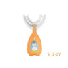 Orange silicone U-shaped toothbrush with a blue bird design for children aged 2 to 6 years.