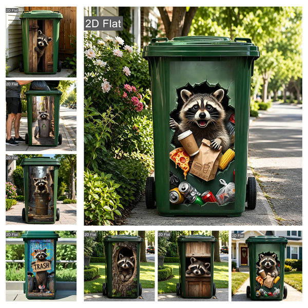 A series of green wheelie bins decorated with various raccoon and animal face decals.