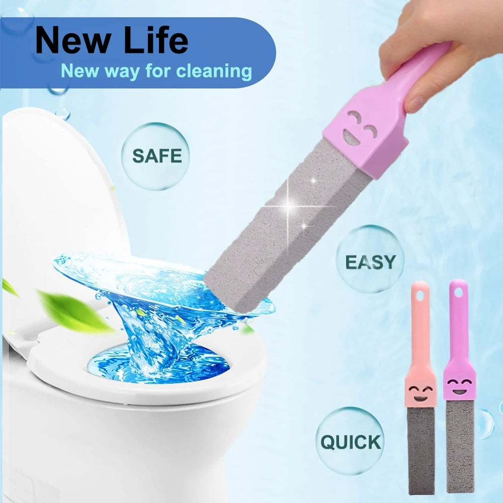 A hand is using a natural pumice cleaning stick to clean the inside of a toilet bowl.