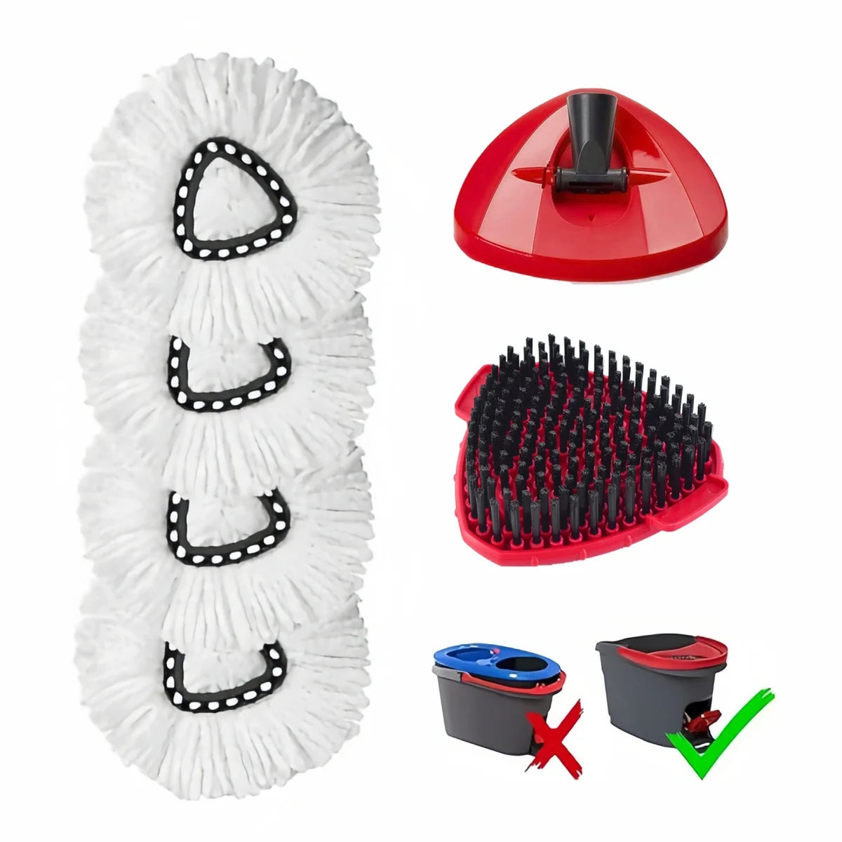 Replacement mop heads for O-Cedar and Vileda systems shown with a white mop head, a red flat mop head, and cleaning tools.