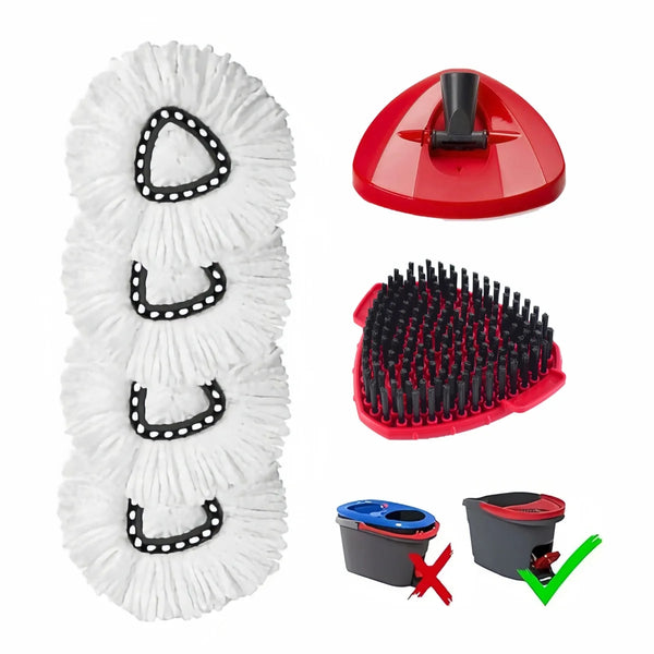 Replacement mop heads for O-Cedar and Vileda systems shown with a white mop head, a red flat mop head, and cleaning tools.