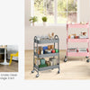 Pink and silver metal rolling storage cart with three tiers used for organizing office or home supplies
