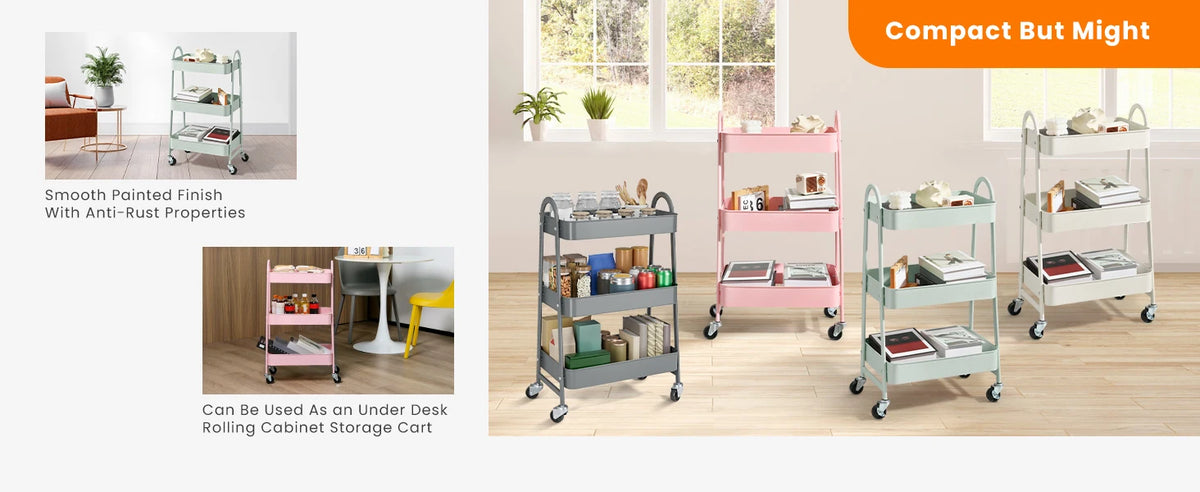 Pink and silver metal rolling storage cart with three tiers used for organizing office or home supplies