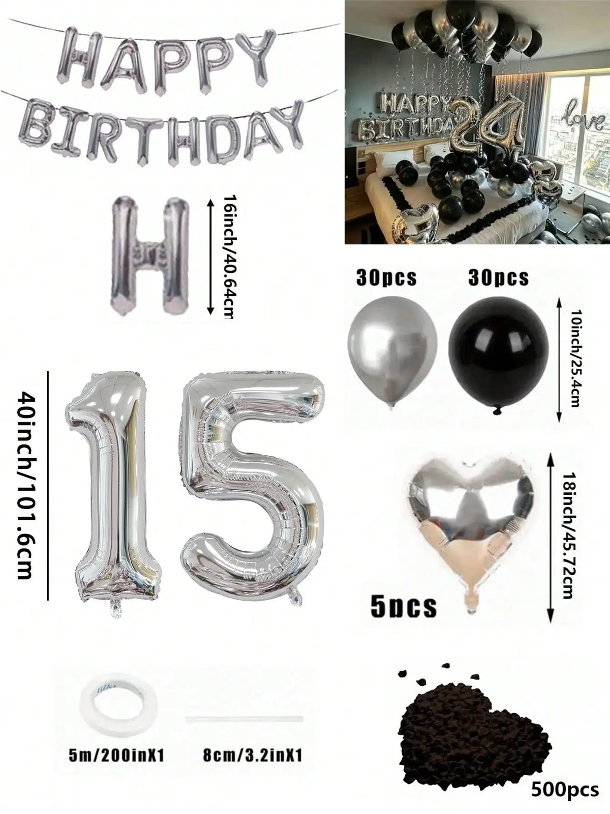 Un juego de globos con números grandes, formas de corazón y confeti en color plata y negro.
