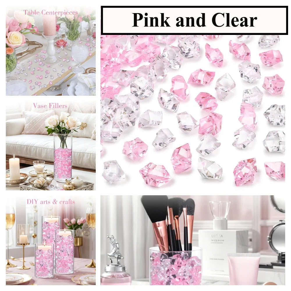 Rocas de hielo triturado de acrílico rosa y transparente para decoración y rellenos, mostradas en diversas disposiciones