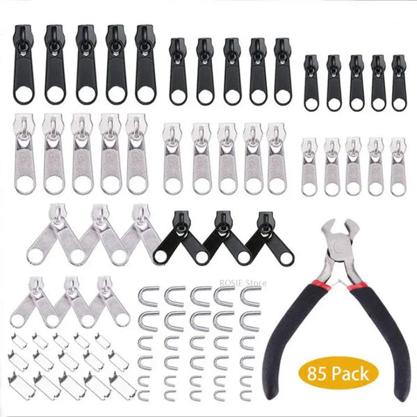 A set of zipper repair kit components including metal sliders and tools for fixing zippers.