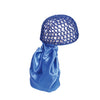 A royal blue mesh wig cap is shown next to a matching satin fabric piece.