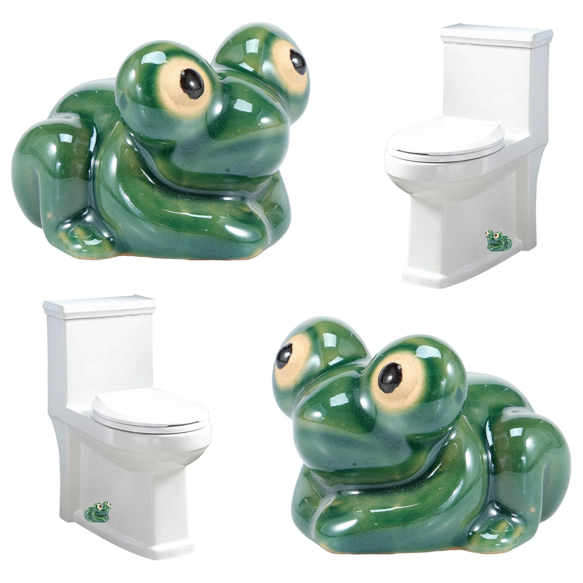 A pair of decorative ceramic toilet bolt covers shaped like green frogs.