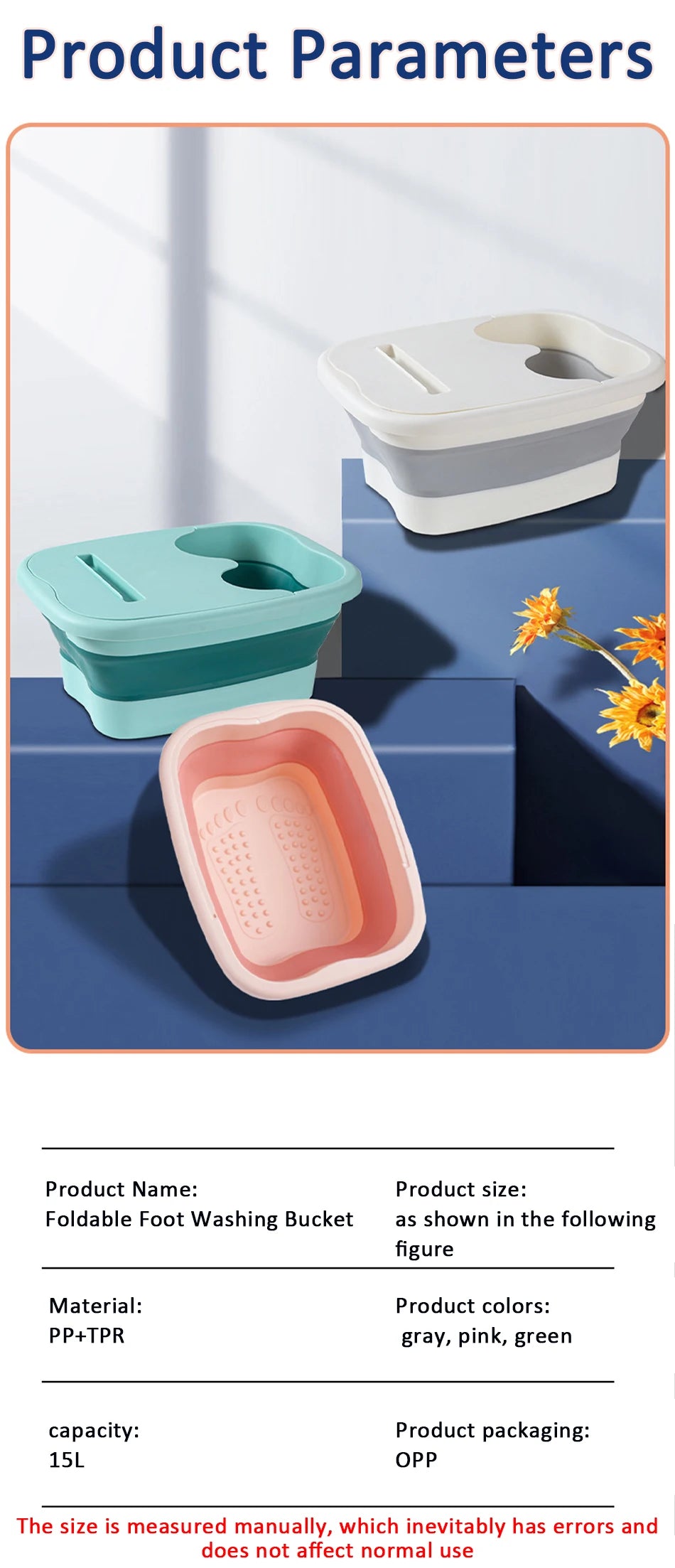 Three colored foldable foot washing buckets in gray, pink, and green are displayed on a blue surface.