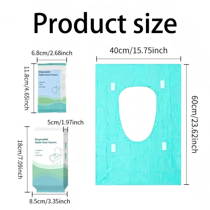 A display showing the size of bulk disposable toilet seat covers, including dimensions for various sizes.