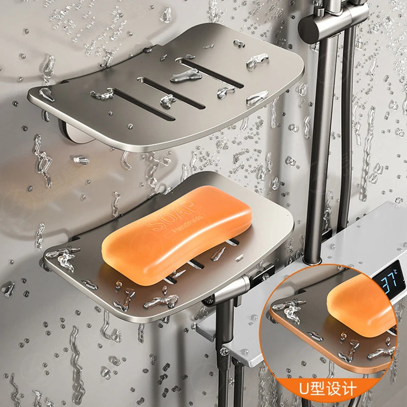 Wall mounted U-shaped soap dish organizer with orange soap and metal rack