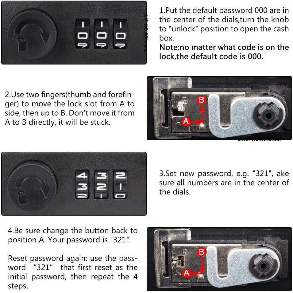 Instructions for using a secret combination lock storage box, showing steps to set and reset the password.