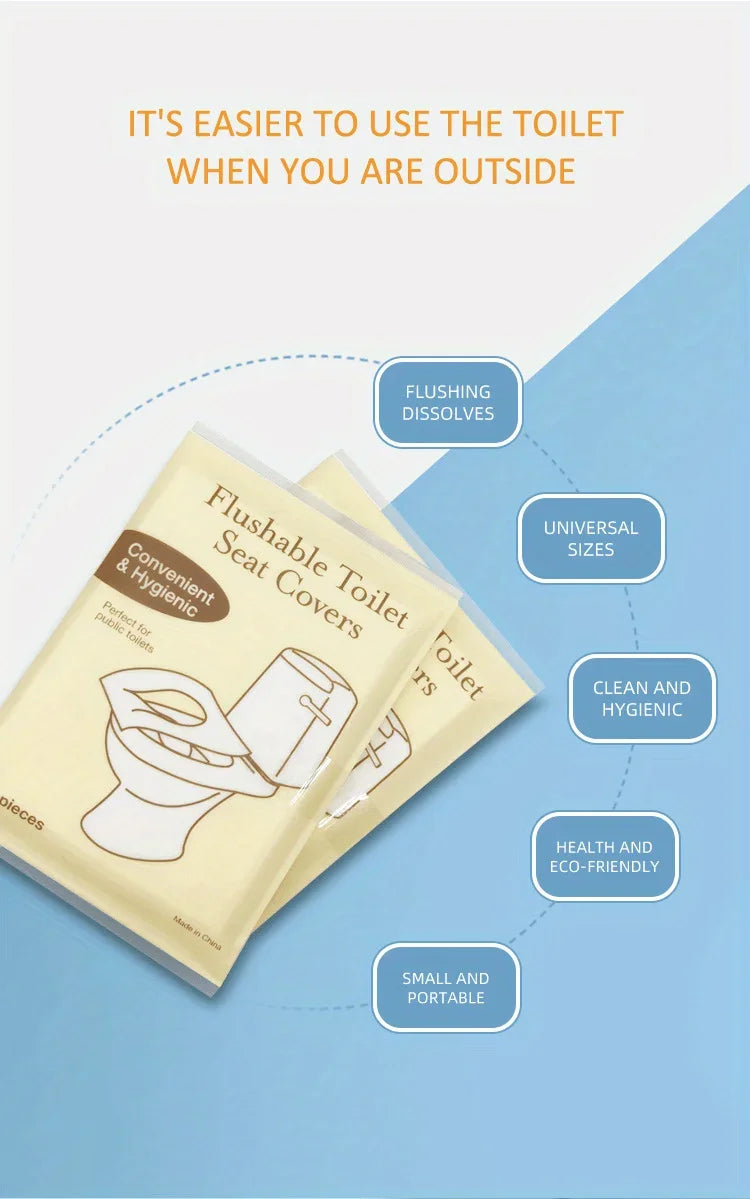 Pack of flushable toilet seat covers for convenient and hygienic use outside
