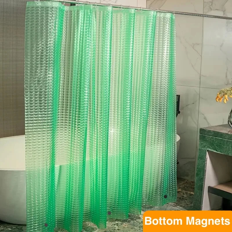 Green waterproof shower curtain liner featuring weighted magnets for a shower enclosure.