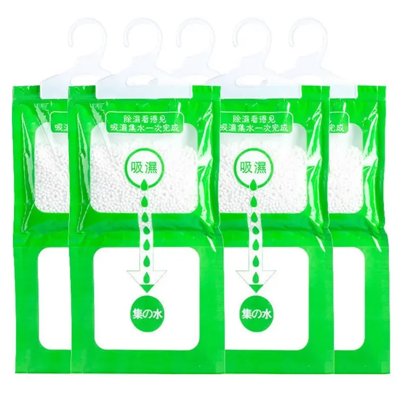 Pack of hanging moisture absorber bags with water absorption indicators