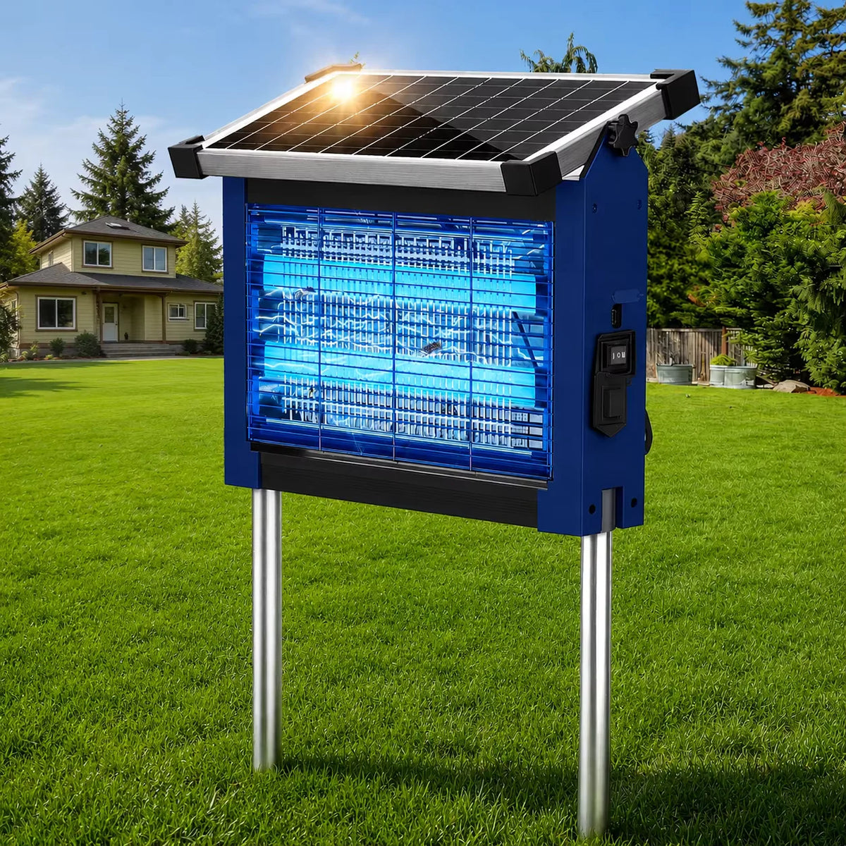 Blauer Sonnen-Schädlings-Zapper mit Glas- und Solarpaneel auf Metallpfosten in einem grasbewachsenen Garten.