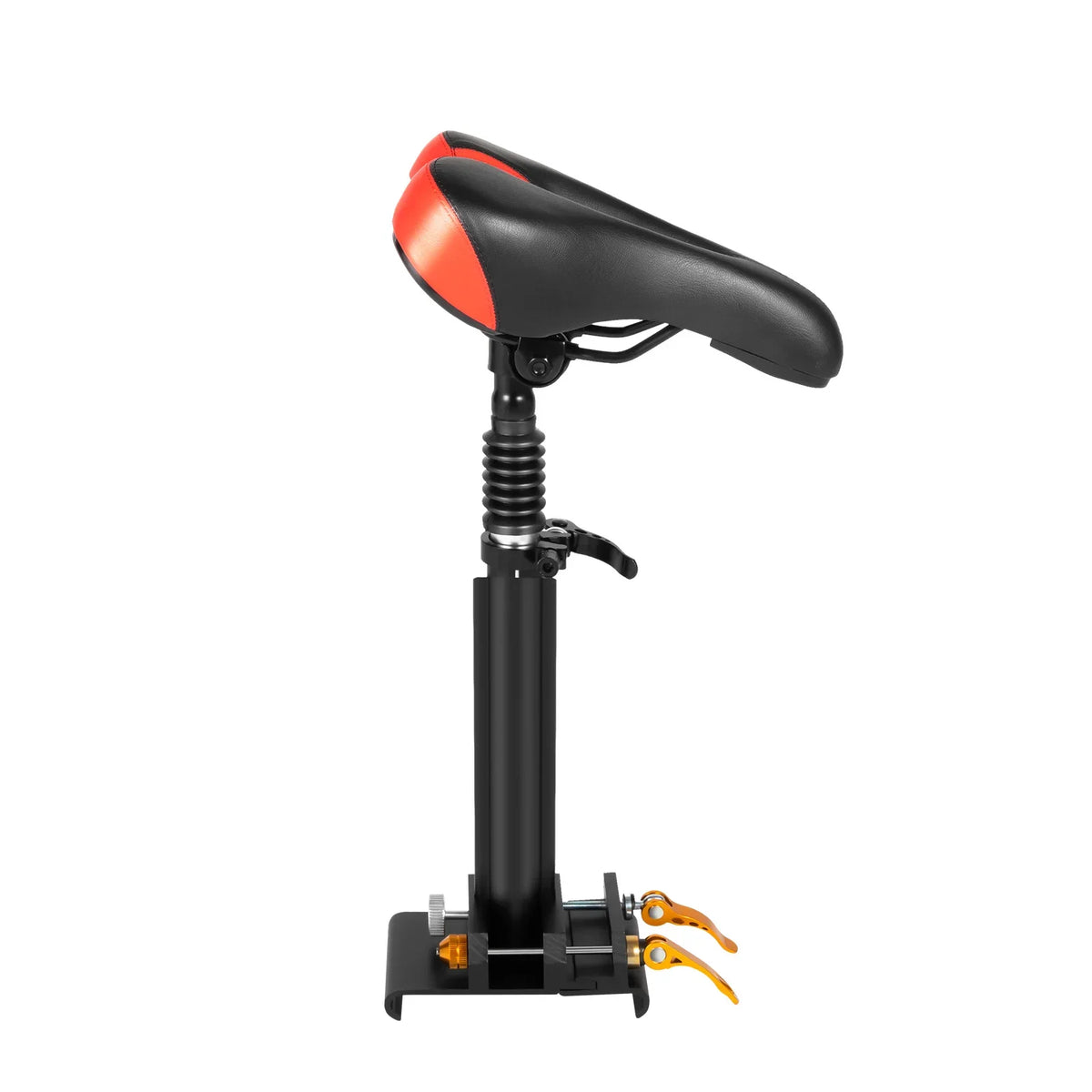 Black adjustable folding seat with an orange and black padded top for electric scooters