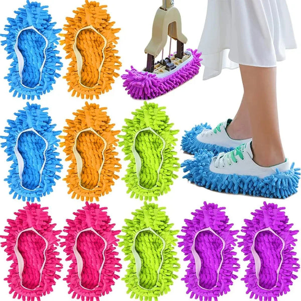 A collection of colorful, fuzzy dust-absorbing slippers designed for floor cleaning.