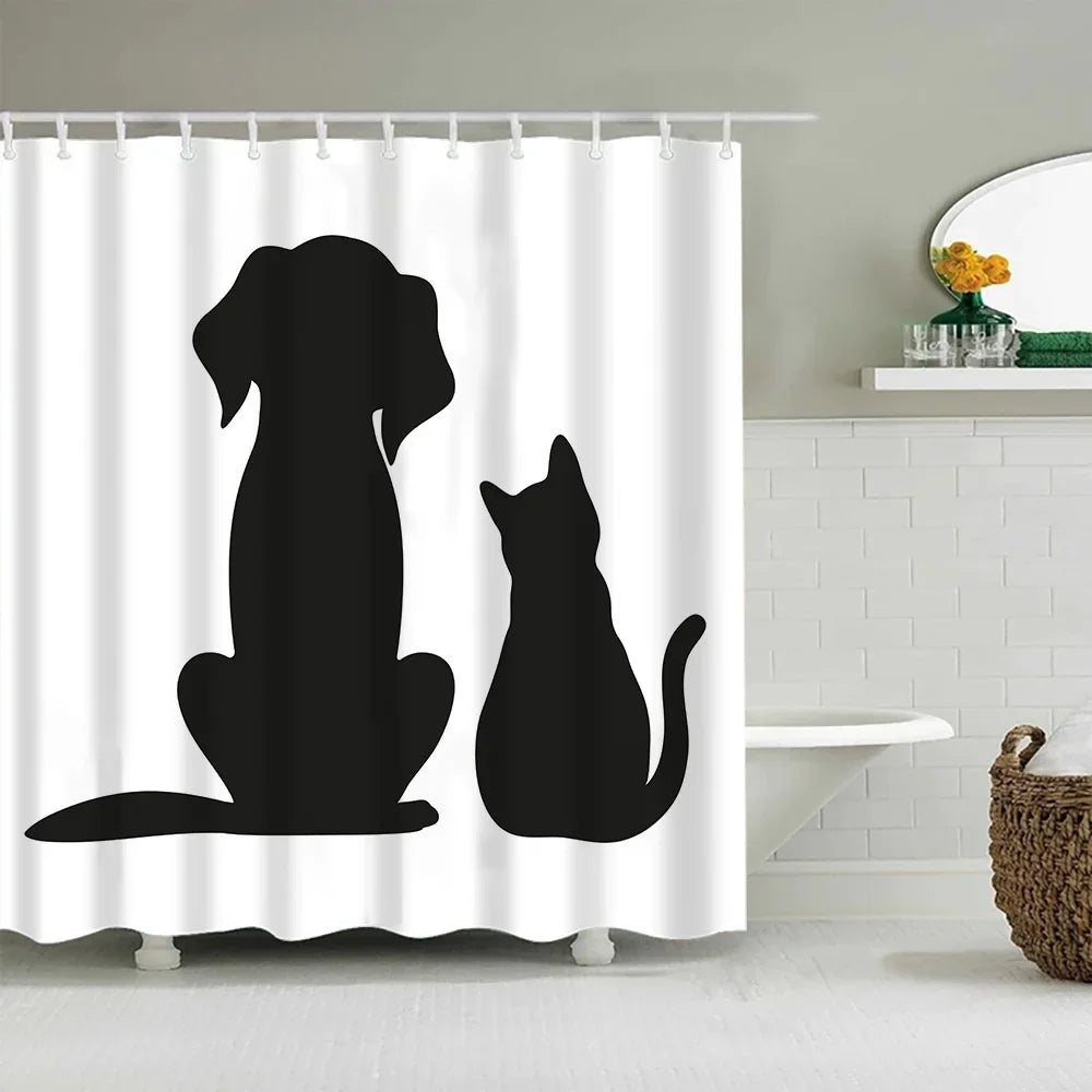 Black silhouette cartoon of a dog and a cat on a white shower curtain.