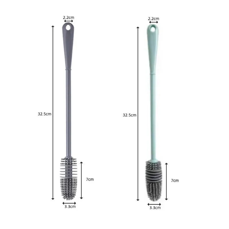 A silicone bottle brush with a long handle, shown in light green color.