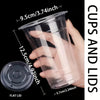 A hand holds a clear reusable plastic cup with a flat lid, demonstrating the product.