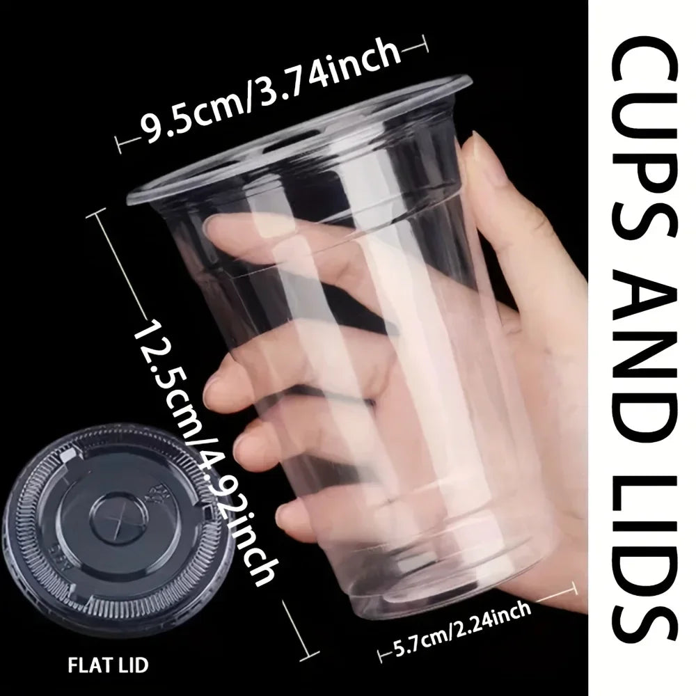 A hand holds a clear reusable plastic cup with a flat lid, demonstrating the product.