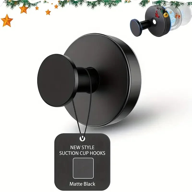 A matte black suction cup hook is shown against a white background, with a glass jar visible in the upper right corner.